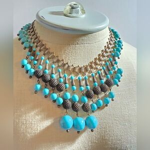 Vintage Miriam Haskell Egyptian Bib Waterfall Robin Egg Blue Dangle Necklace